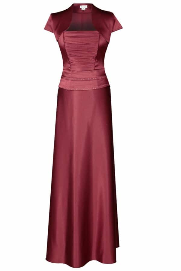 Дълга малинено червена сатенена рокля с корсет с дребни кристали и болеро 086