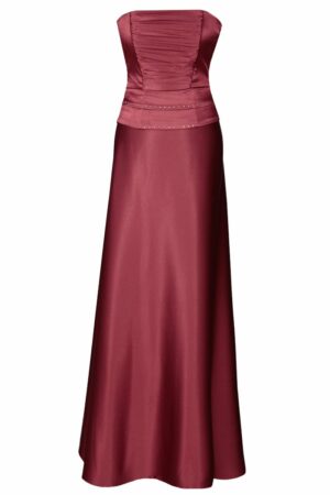 Дълга малинено червена сатенена рокля с корсет с дребни кристали и болеро 086