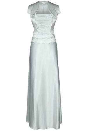 Дълга бледо сива сатенена рокля с корсет с дребни кристали и болеро 086