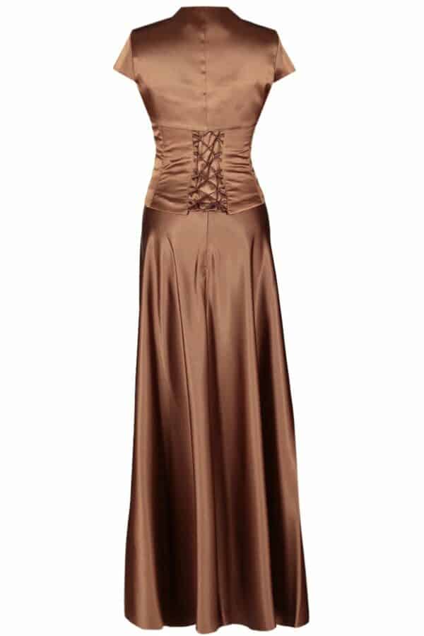 Дълга шоколадово кафява сатенена рокля с корсет с дребни кристали и болеро 086