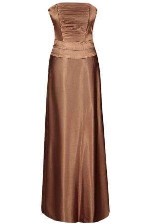 Дълга шоколадово кафява сатенена рокля с корсет с дребни кристали и болеро 086