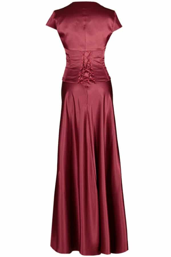 Дълга сатенена рокля с корсет с дребни кристали и болеро цвят бордо 086