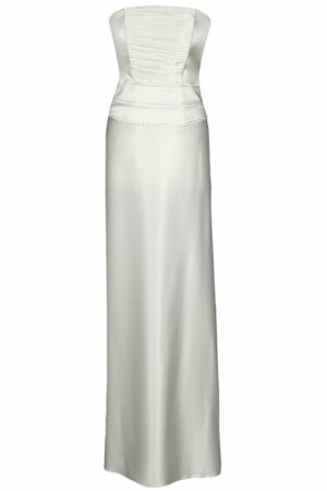 Дълга сатенена рокля с корсет с дребни кристали и болеро цвят екрю 086