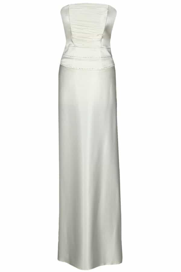 Дълга сатенена рокля с корсет с дребни кристали и болеро цвят екрю 086