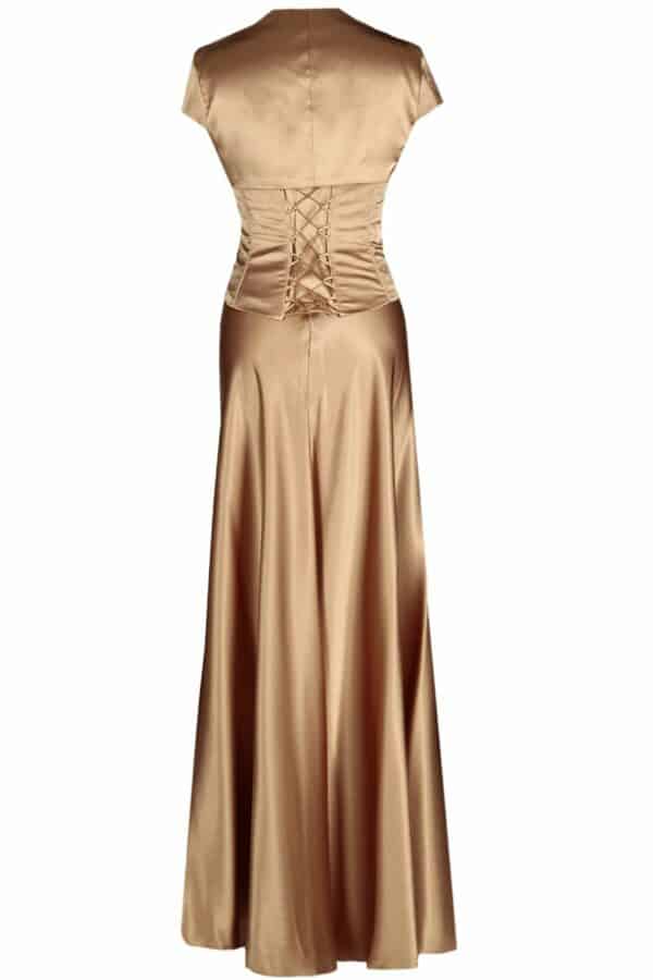 Дълга сатенена рокля с корсет с дребни кристали и болеро цвят старо злато 086