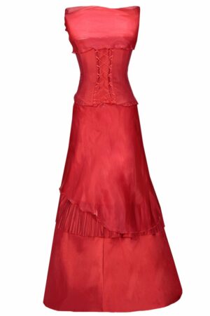 Дълга червена рокля без презрамки тафта и органза+шал