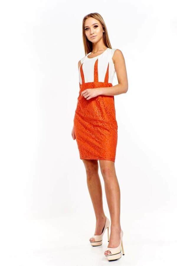 Официална дантелена рокля с къс ръкав оранжево и бяло