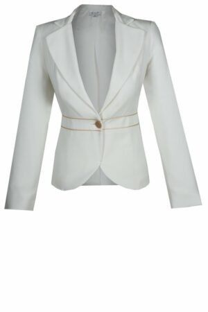 Бяло вталено дамско сако с дълъг ръкав и декоративни ширити