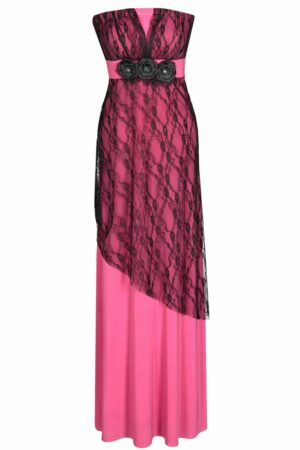 Дълга розова рокля от трико и дантела без презрамки