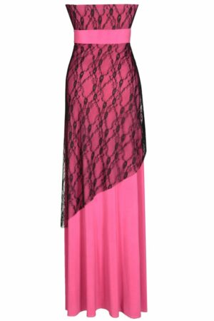 Дълга розова рокля от трико и дантела без презрамки