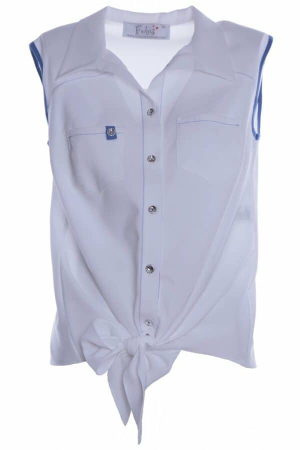 Лека бяла дамска риза без ръкав със сини гарнитури и връзка