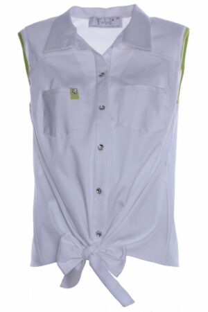 Лека бяла дамска риза без ръкав със зелени гарнитури и връзка