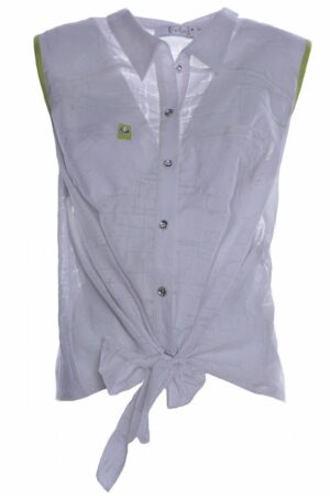 Лека дамска риза без ръкав в цвят екрю със зелени гарнитури и връзка - релефна материя