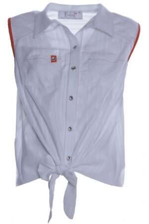 Лека бяла дамска риза без ръкав с оранжеви гарнитури и връзка - тънко райе