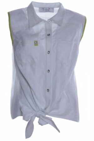 Лека бяла дамска риза без ръкав със зелени гарнитури и връзка - тънко райе