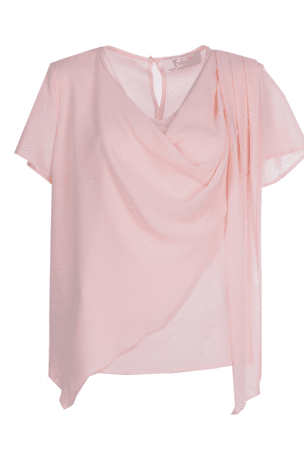 Асиметрична розова блуза от шифон с къс ръкав