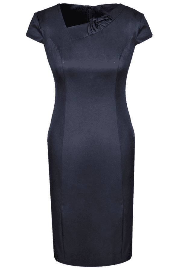 Тъмно синя вталена рокля с къс ръкав и асиметрично деколте