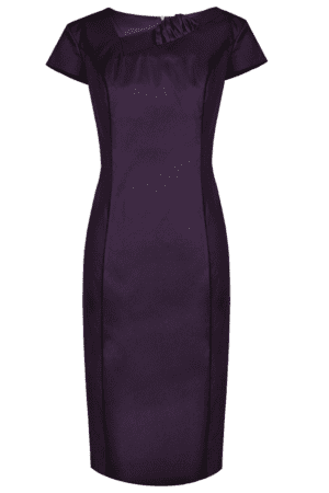 Лилава вталена рокля с къс ръкав и асиметрично деколте