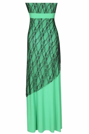 Дълга зелена рокля от трико и дантела без презрамки