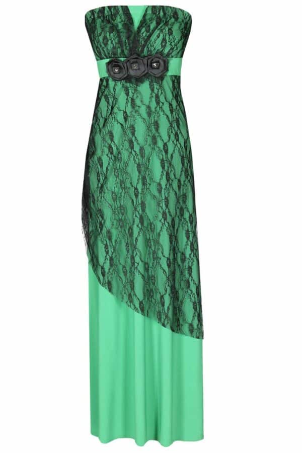 Дълга зелена рокля от трико и дантела без презрамки