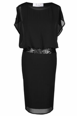 Официална черна рокля от шифон с къс ръкав и колан с пайети