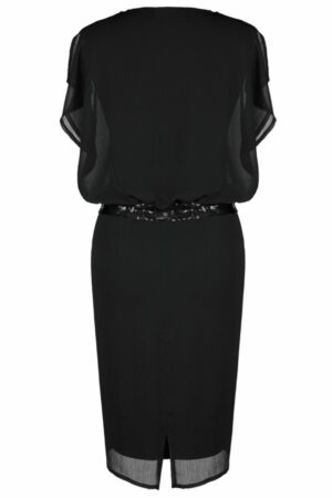 Официална черна рокля от шифон с къс ръкав и колан с пайети