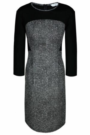 Елегантна есенна рокля с 3/4 ръкав в черно и сиво меланж