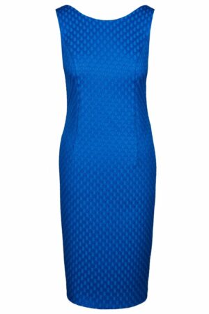 Вталена синя дамска рокля без ръкав от релефна материя