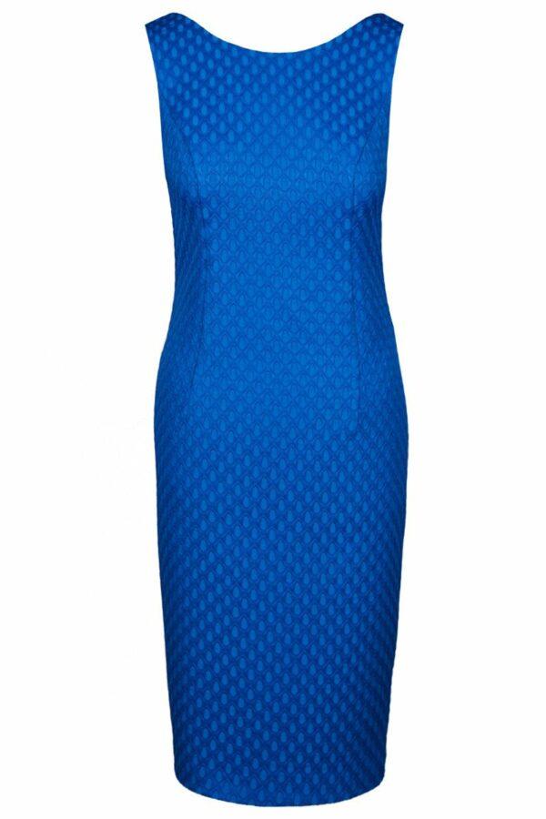 Вталена  синя  дамска рокля без ръкав от релефна материя