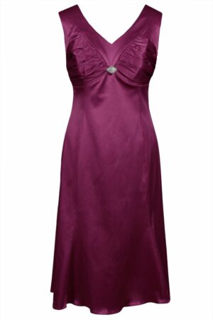 Официална тъмно лилава сатенена рокля без ръкав