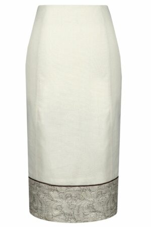 Права ленена дамска пола в цвят шампанско с декоративен бордюр в кафяво