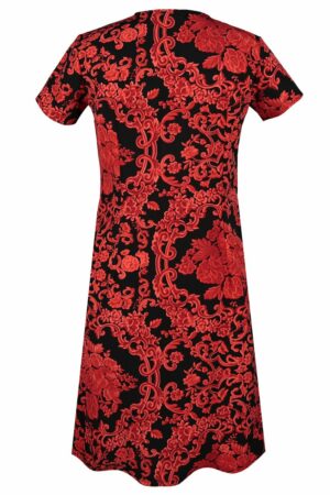 Разкроена макси рокля на цветя с къс ръкав  в черно и червено