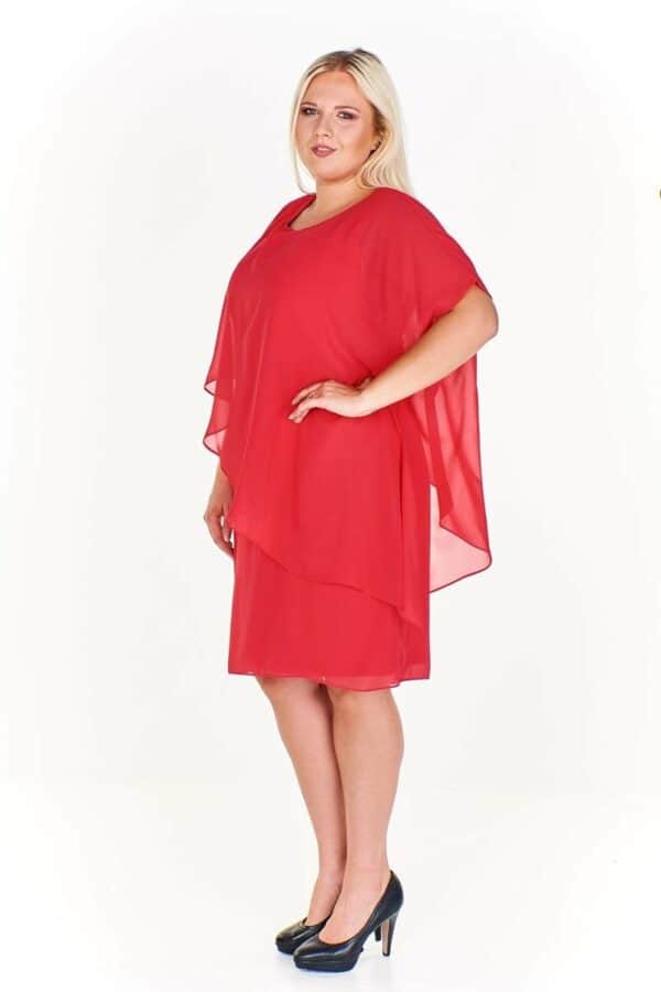 Асиметрична рокля от шифон в бонбонено розово-червено