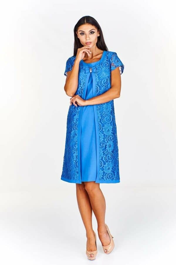 Синя дантелена дамска рокля с къс ръкав и панделка