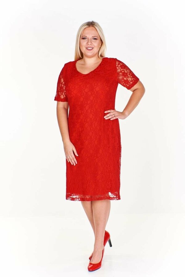 Дамска червена дантелена рокля с къс ръкав