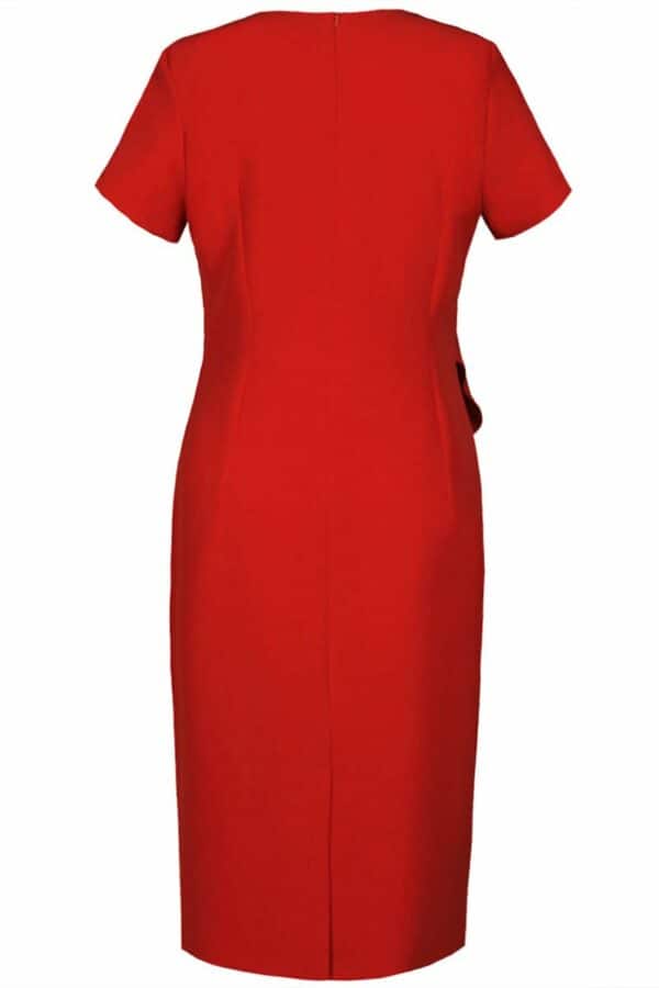 Елегантна червена дамска рокля с декоративен волан