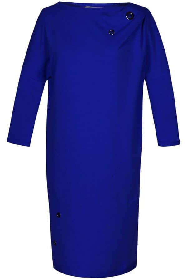Синя дамска рокля от трико с 3/4 ръкав и метални капси