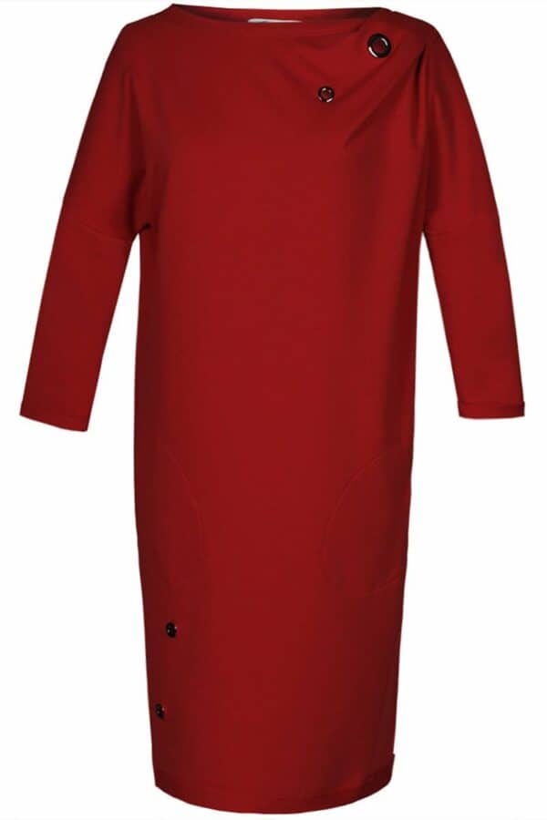 Червена дамска рокля от трико с 3/4 ръкав и метални капси