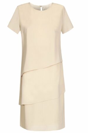 Ефирна макси рокля на волани с къс ръкав - светло бежово