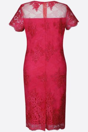 Малинено розово-червена официална рокля с къс ръкав - фигурална дантела