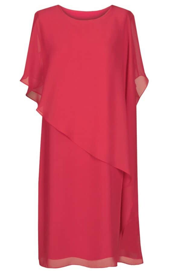 Коралово розова асиметрична макси  рокля от шифон