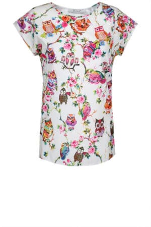 Бяла лятна блуза с цветен принт птици и цветя - розово и зелено