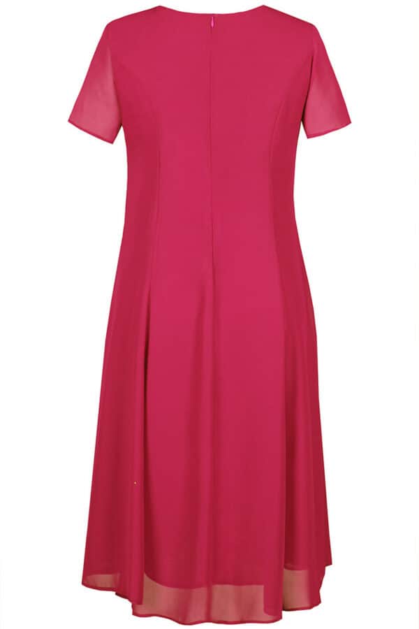 Малиново розово-червена разкроена рокля от шифон с къс ръкав