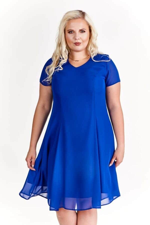 Наситено синя разкроена рокля от шифон с къс ръкав