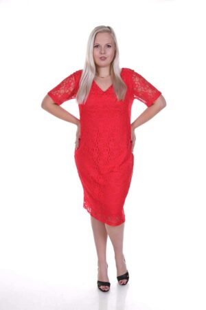 Дамска малинено червена дантелена рокля с къс ръкав