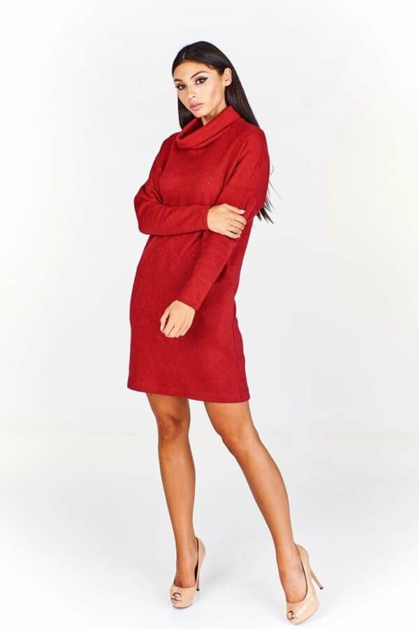 Дамска червена плетена рокля-туника с поло яка