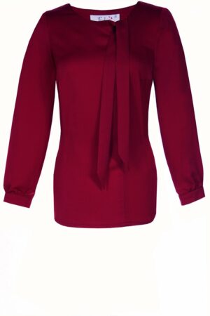 Тъмно червена дамска блуза с дълъг ръкав и панделка на деколтето