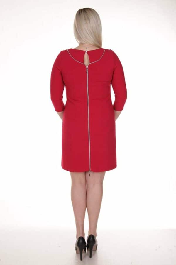 Рубинено червена рокля трапец с 3/4 ръкав и цип на гърба