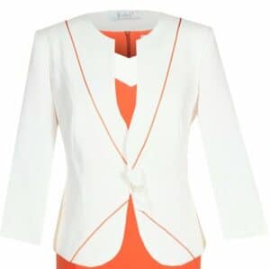 Бяло дамско сако с оранжева декорация и панделка на талията