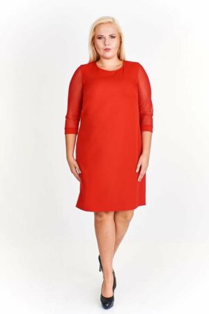 Официална права червена рокля с прозрачни ръкави
